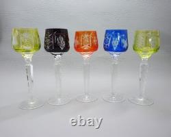 5 Vintage Bohemia Cut-To-Clear Traube Crystal Hock Wine Glasses