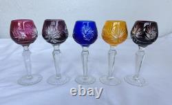 (5) Vintage Bohemian Cut Crystal Cordial Stem Glasses 5 Colored Glass