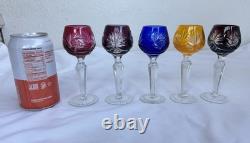 (5) Vintage Bohemian Cut Crystal Cordial Stem Glasses 5 Colored Glass