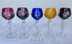 (5) Vintage Bohemian Cut Crystal Cordial Stem Glasses 5 Colored Glass