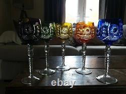 5 Vintage Bohemian Polish Cut to Clear Lead Crystal Wine Hock Glasses exquisite