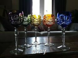5 Vintage Bohemian Polish Cut to Clear Lead Crystal Wine Hock Glasses exquisite