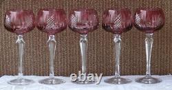 5 Wine Hock Glasses Cranberry Red Cut to Clear Crystal glass Bohemian Germany