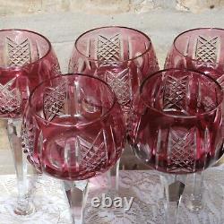 5 Wine Hock Glasses Cranberry Red Cut to Clear Crystal glass Bohemian Germany