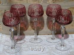 5 Wine Hock Glasses Cranberry Red Cut to Clear Crystal glass Bohemian Germany