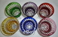 6 AJKA EDINBURGH Thistle Cut to Clear Multi-color Crystal WINE GOBLETS Glasses