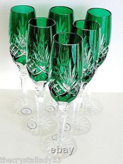 6 AJKA ODESSA EMERALD CASED CUT TO CLEAR CRYSTAL CHAMPAGNE FLUTES Set 6