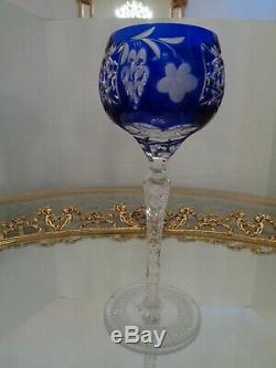 6 Ajka Marsala Blue Cut To Clear Crystal Wine Goblet Glass 8 1/4 Tall