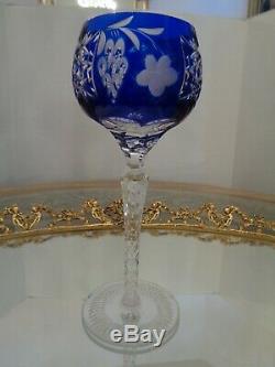 6 Ajka Marsala Blue Cut To Clear Crystal Wine Goblet Glass 8 1/4 Tall