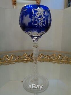 6 Ajka Marsala Blue Cut To Clear Crystal Wine Goblet Glass 8 1/4 Tall