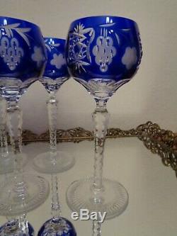 6 Ajka Marsala Blue Cut To Clear Crystal Wine Goblet Glass 8 1/4 Tall