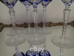 6 Ajka Marsala Blue Cut To Clear Crystal Wine Goblet Glass 8 1/4 Tall