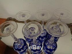 6 Ajka Marsala Blue Cut To Clear Crystal Wine Goblet Glass 8 1/4 Tall