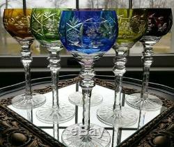 6 Ajka Marsala Crystal Cut To Clear Multicolored Wine Hock Goblets Authentic