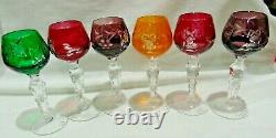 6 BOHEMIAN Cut To Clear 5 3/8 High Wine Cordial Different Colored Glasses Grape