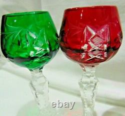 6 BOHEMIAN Cut To Clear 5 3/8 High Wine Cordial Different Colored Glasses Grape