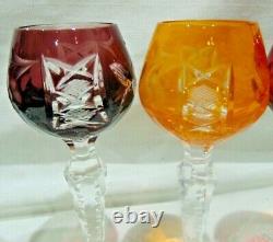 6 BOHEMIAN Cut To Clear 5 3/8 High Wine Cordial Different Colored Glasses Grape