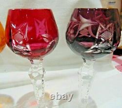 6 BOHEMIAN Cut To Clear 5 3/8 High Wine Cordial Different Colored Glasses Grape