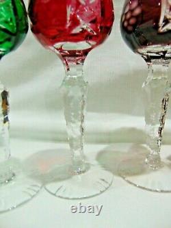 6 BOHEMIAN Cut To Clear 5 3/8 High Wine Cordial Different Colored Glasses Grape