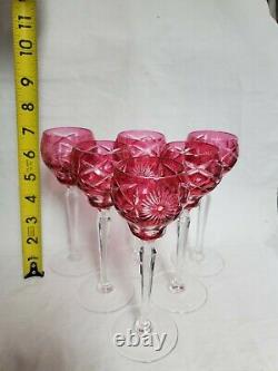6 Bohemian Czech Cranberry Red Cut to Clear Cordial Glasses