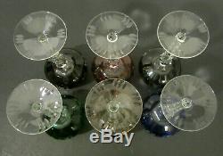 6 Bohemian LAUSITZER Crystal Multi Color Cut to Clear Glass 8 Hock Wine Goblets