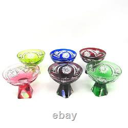 6 Cocktail Glasses Colored Cut Glass Cordial 2 Ounce Sip Liquor Bar Vintage