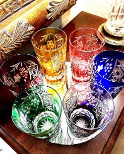 6 Colored Cut Crystal Highball Glasses-hand Blown-hand Carved-24%- Bohemian