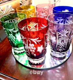 6 Colored Cut Crystal Highball Glasses-hand Blown-hand Carved-24%- Bohemian