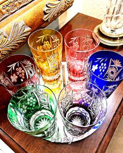 6 Colored Cut Crystal Highball Glasses-hand Blown-hand Carved-24%- Bohemian
