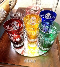 6 Colored Cut Crystal Highball Glasses-hand Blown-hand Carved-24%- Bohemian