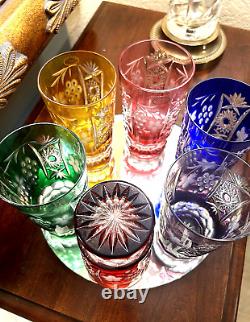 6 Colored Cut Crystal Highball Glasses-hand Blown-hand Carved-24%- Bohemian