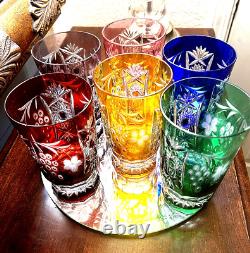 6 Colored Cut Crystal Highball Glasses-hand Blown-hand Carved-24%- Bohemian