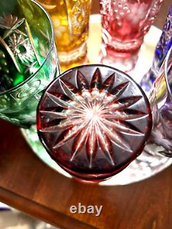 6 Colored Cut Crystal Highball Glasses-hand Blown-hand Carved-24%- Bohemian
