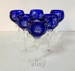 6 Czech Bohemian Crystal Hock Sherry Glasses Cobalt Blue Cut To Clear Old 5 1/2