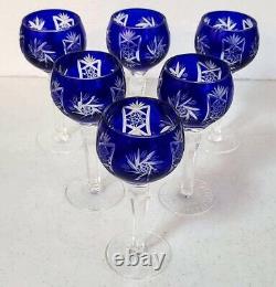 6 Czech Bohemian Crystal Hock Sherry Glasses Cobalt Blue Cut To Clear Old 5 1/2