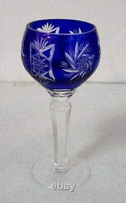 6 Czech Bohemian Crystal Hock Sherry Glasses Cobalt Blue Cut To Clear Old 5 1/2