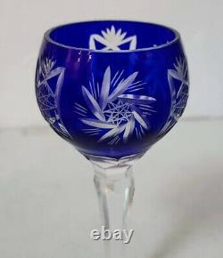 6 Czech Bohemian Crystal Hock Sherry Glasses Cobalt Blue Cut To Clear Old 5 1/2