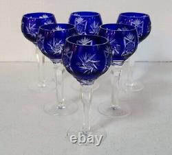 6 Czech Bohemian Crystal Hock Sherry Glasses Cobalt Blue Cut To Clear Old 5 1/2