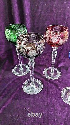 (6) Different Color Ajka Bohemian Wine Glasses Cut To Clear Crystal 8 Tall Lqqk