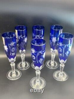 6 Nachtmann Cobalt Blue Cut to clear crystal Bavarian Champagne glass 9