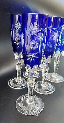 6 Nachtmann Cobalt Blue Cut to clear crystal Bavarian Champagne glass 9