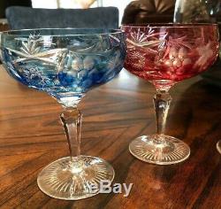 6- Nachtmann Traube Champagne Saucer Glasses Multi-Colors to Clear Cut Crystal
