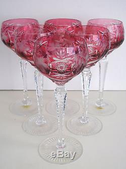 6 Nachtmann Traube Cranberry Cased Cut To Clear Crystal Wine Goblets