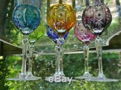 6 Nachtmann Traube Wine Glasses Multi- Color Cut to Clear Cased Crystal 6-7/8