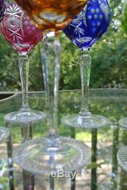 6 Nachtmann Traube Wine Glasses Multi- Color Cut to Clear Cased Crystal 6-7/8