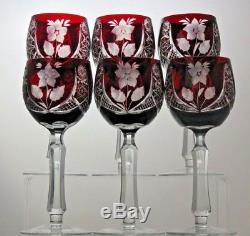 6 Rare Crystal Cut To Clear Ruby Red Wine Hock Glasses- 7 Tall 7 Oz