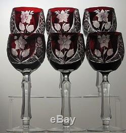 6 Rare Crystal Cut To Clear Ruby Red Wine Hock Glasses- 7 Tall 7 Oz