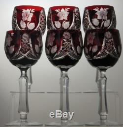 6 Rare Crystal Cut To Clear Ruby Red Wine Hock Glasses- 7 Tall 7 Oz