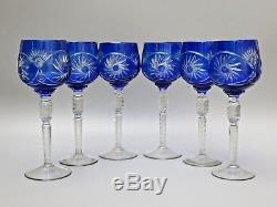 6 Rare Crystal Pinwheel Cut Cobalt Blue Wine Hock Glasses -8 1/2tall 10 Oz