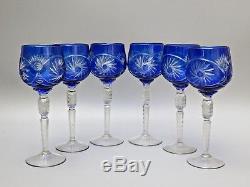 6 Rare Crystal Pinwheel Cut Cobalt Blue Wine Hock Glasses -8 1/2tall 10 Oz